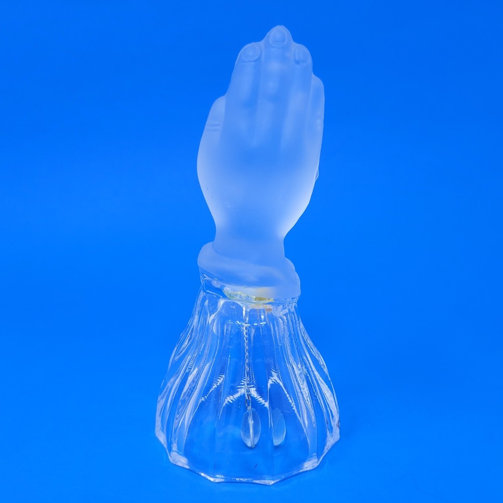 Vintage Frosted Glass Praying Hands Figural Hand Bell Clear Ribbed Base 5 Inch